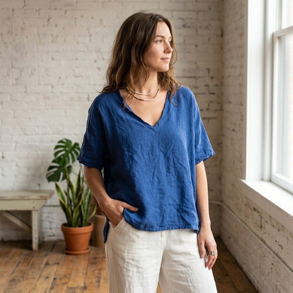 Cut Loose Womens Top One Size Blue V-Neck Short Sleeve Linen Boxy Lagenlook